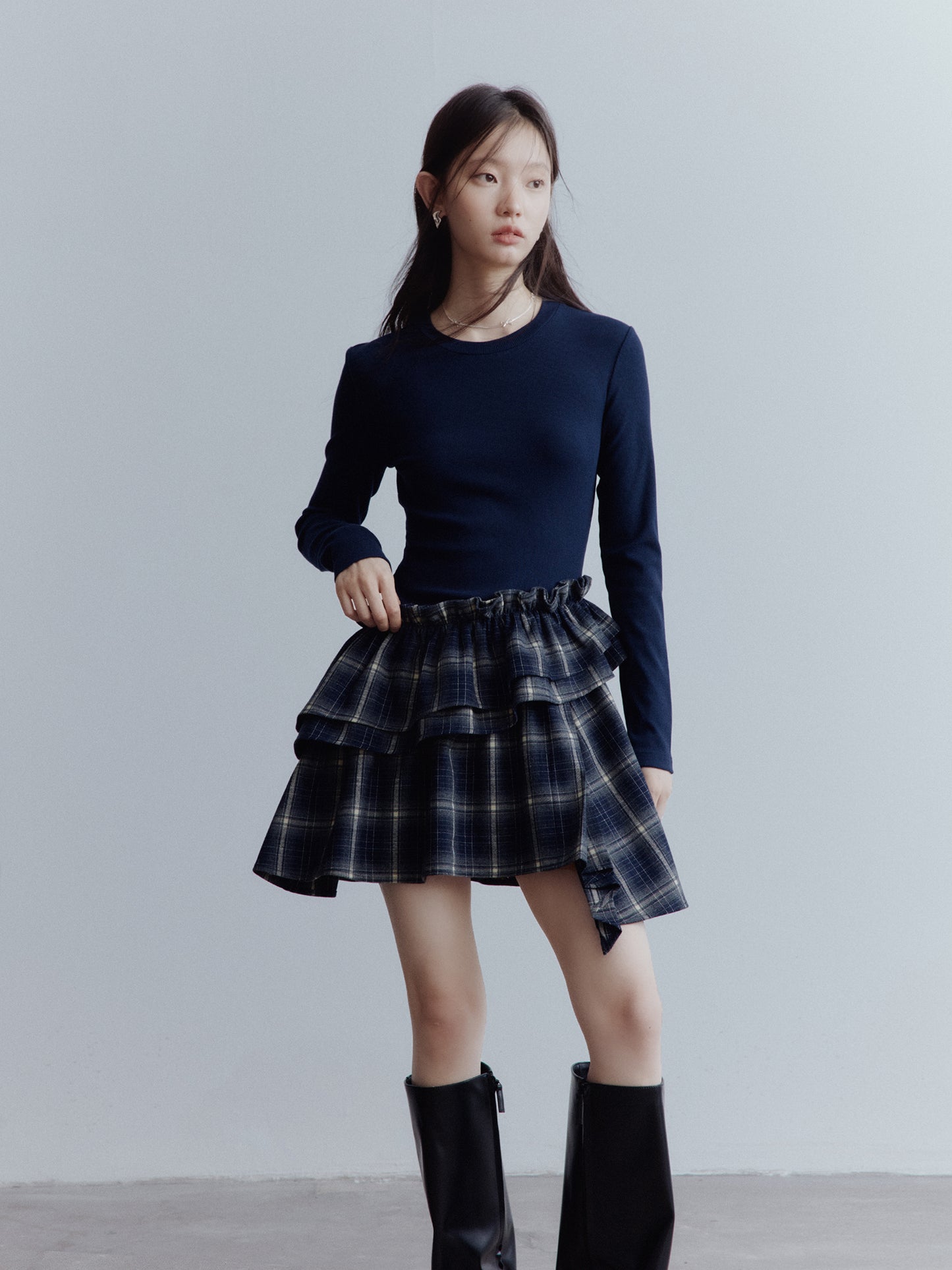 FUSSED Asymmetrical Layered Plaid Dress – Midnight Blue FOF-25AW215