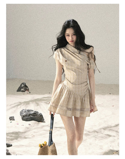 "Traces Left by the Wind" Sand Beige Off-Shoulder Plaid Puff Mini Dress