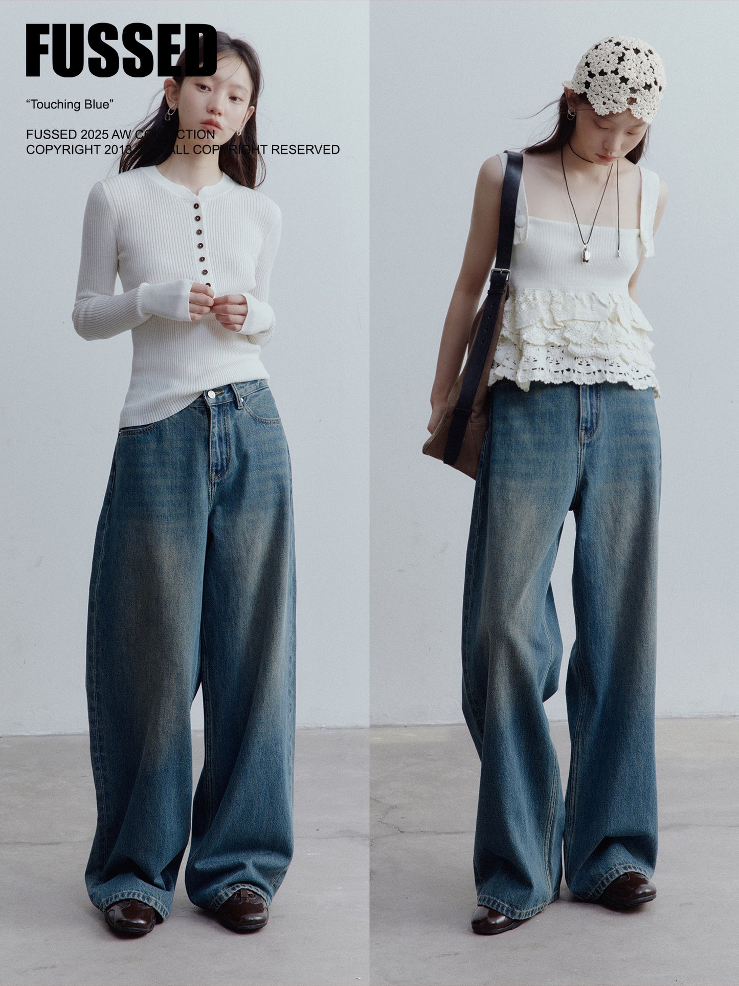 FUSSED Vintage Blue Low-Waist Wide-Leg Washed Denim Pants FOF-25SS173