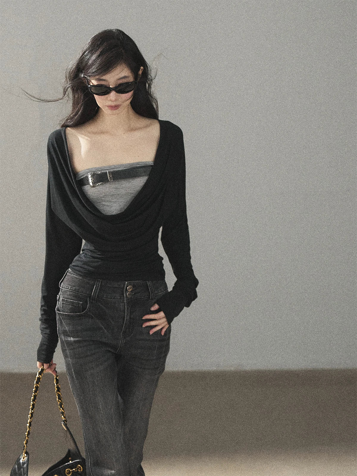 AOMALM - "Misty Shore" Quiet Black Layered Knit Mini Dress
