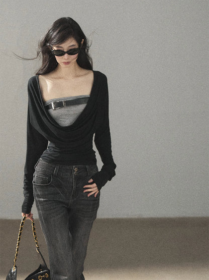AOMALM - "Misty Shore" Quiet Black Layered Knit Mini Dress