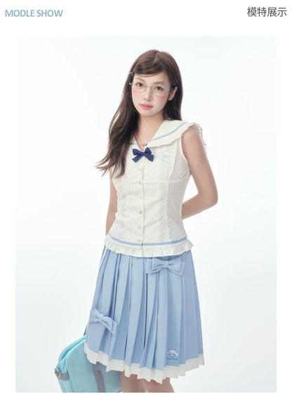 Sleeveless Polka Dot Sailor Collar Shirt & Light Blue Contrast-Trim Skirt