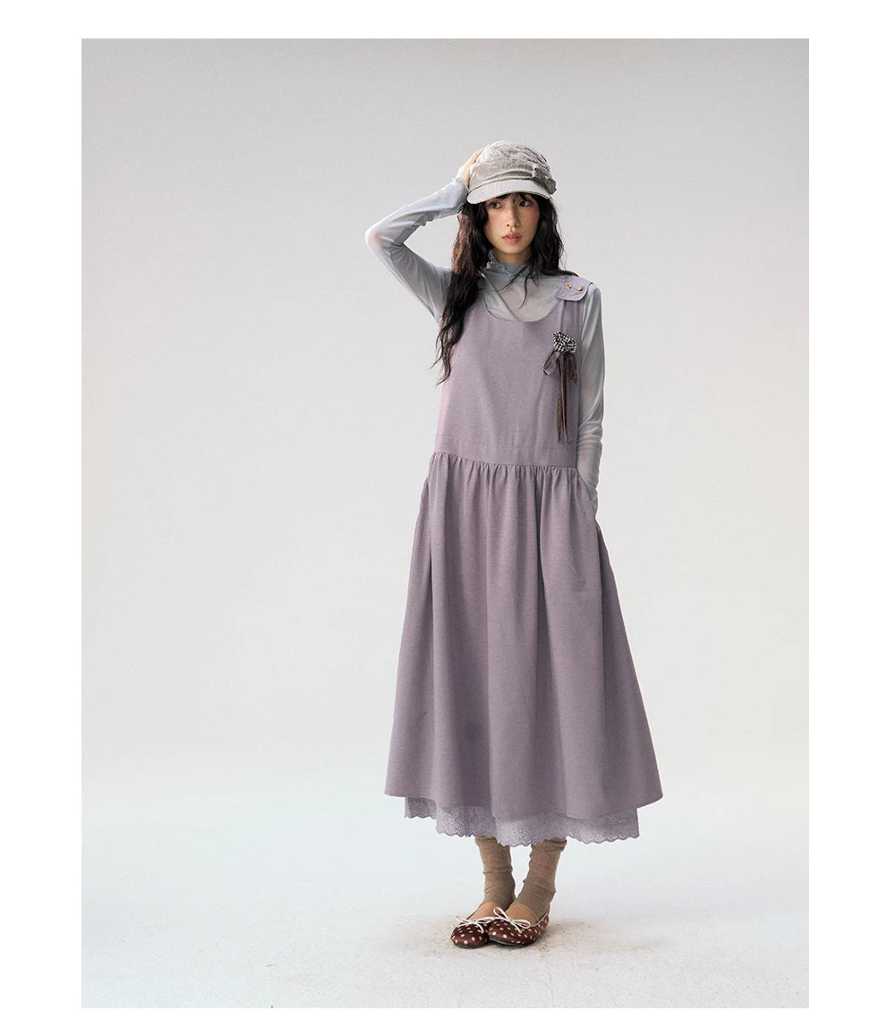 [CAN] "Violet Floral Bow" Purple Lace-Trim A-Line Pinafore Dress
