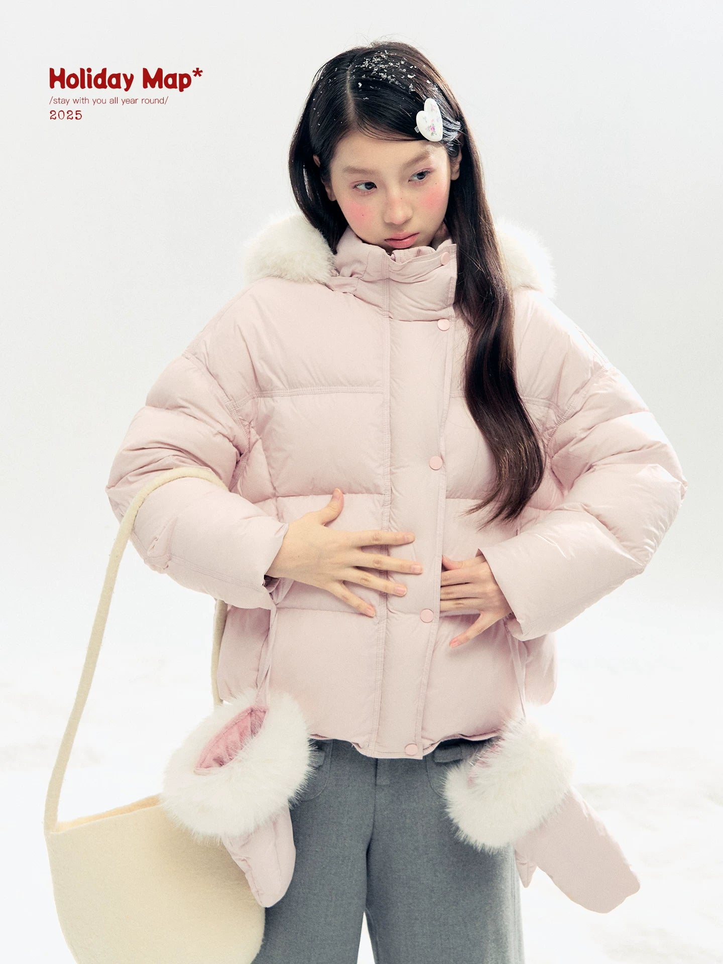 "Snowland Sprite" Peach Blush Lilac Hooded Down Jacket with Detachable Faux Fur Trim & Gloves