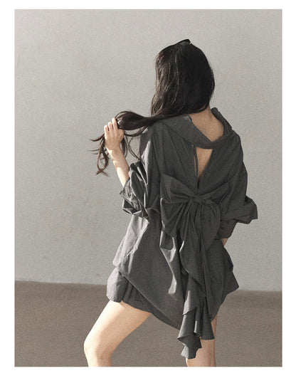 AOMALM - Thin Dusk Gray Bow-Back Shirt & Bubble Mini Skirt Set