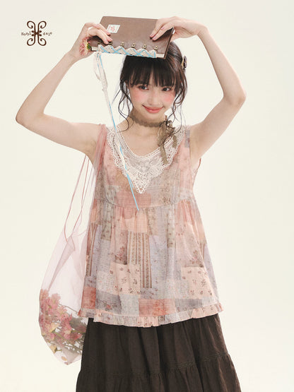 "Fragments of Time" Pink Brown Patchwork Lace Ruffle Trim Sleeveless Top