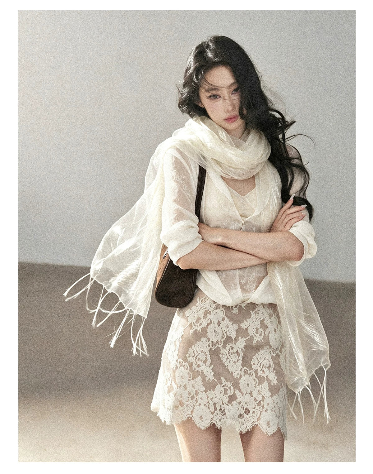 AOMALM - 100% Silk Sheer Fringe Scarf