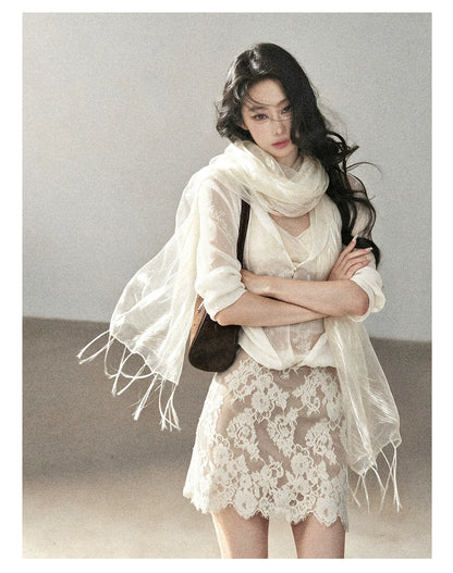 AOMALM - 100% Silk Sheer Fringe Scarf