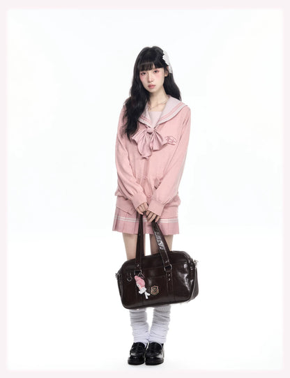 “Melody Blush” Pink Knit Cardigan & Sailor Uniform Set