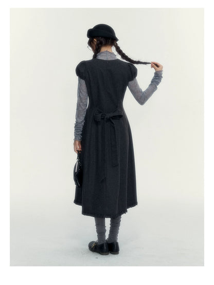 Vintage Double-Breasted Wool Dress & Knit Fringe Cape Set