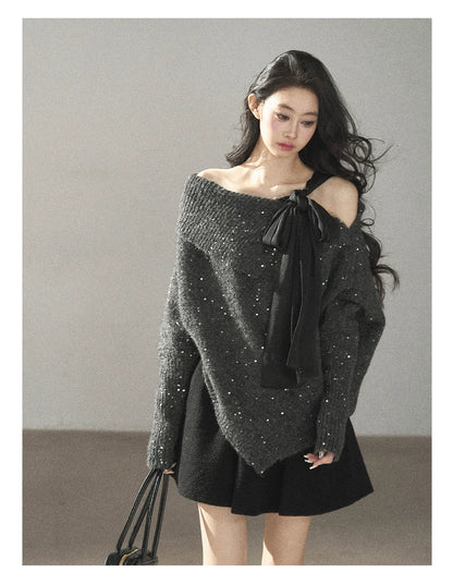 AOMALM - "Starlit Reverie" Sequin Off-Shoulder Sweater with Satin Bow - Paris Gray