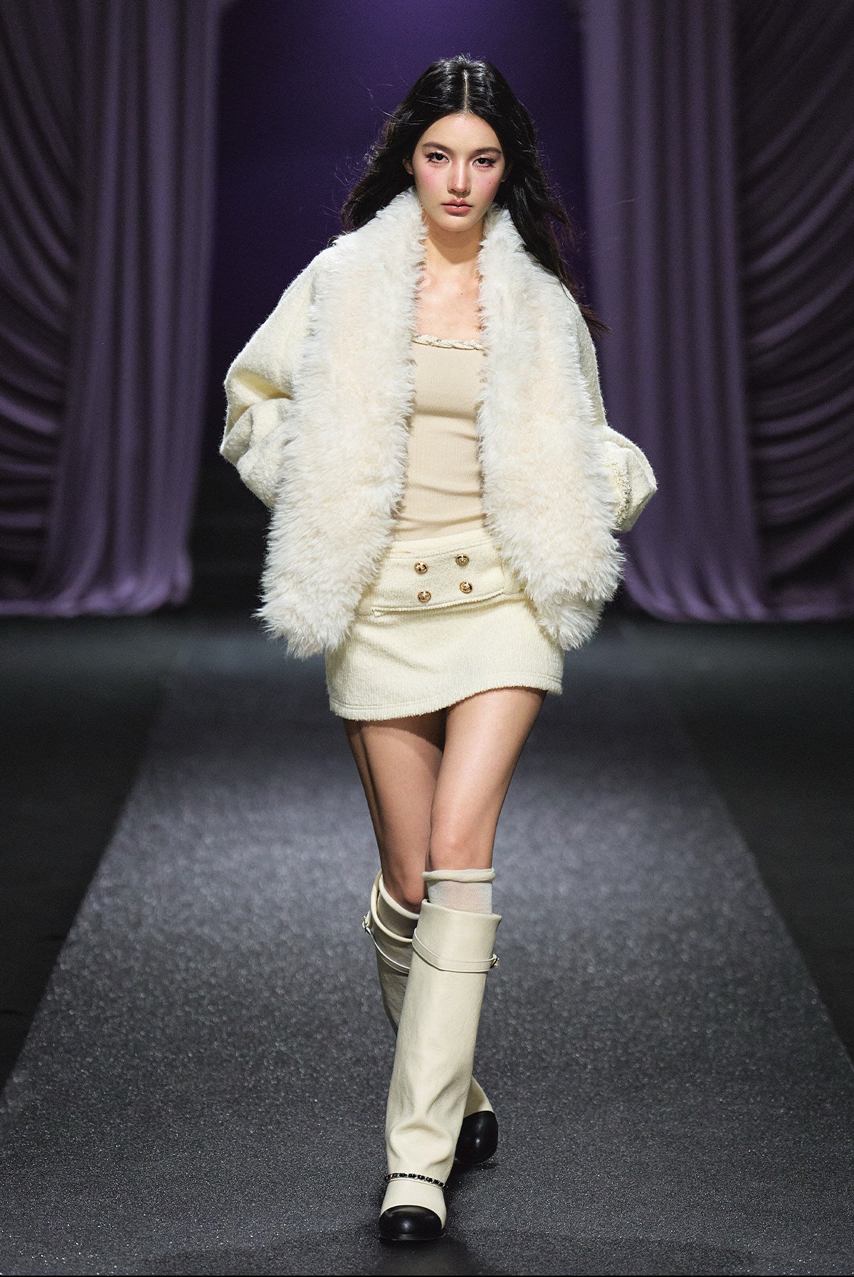 "Winter Chalet" Ivory Faux Fur Collar Padded Jacket