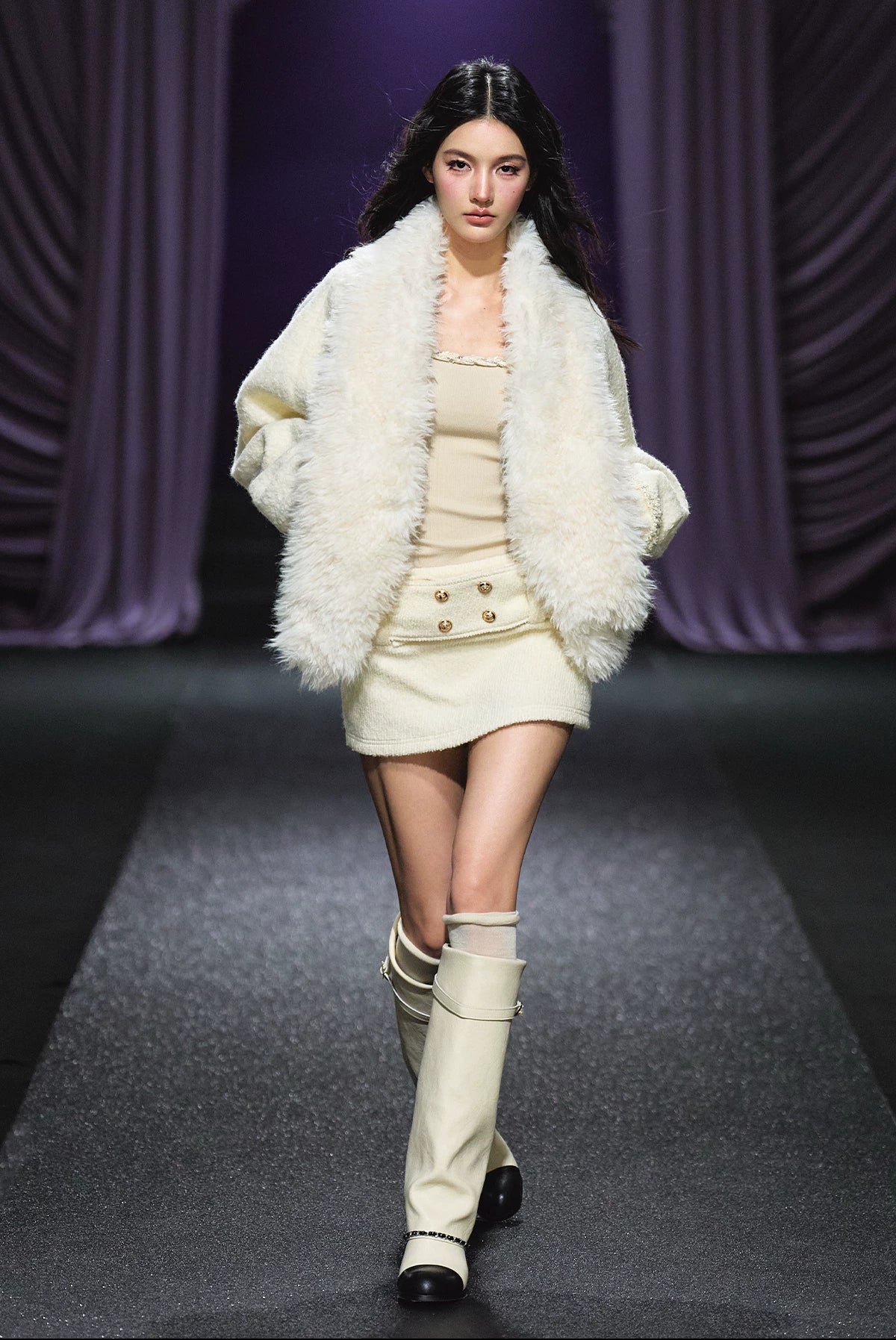 "Winter Heiress" Ivory Wool-Blend Belted A-Line Mini Skirt