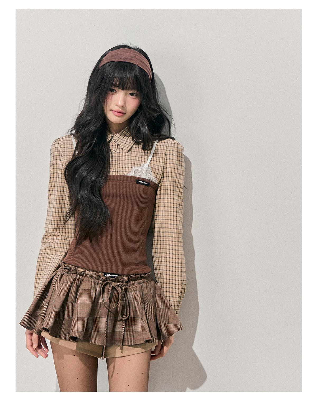 少也眼 "Falling Leaves Trace" Faux Layered Lace Plaid Knit Top