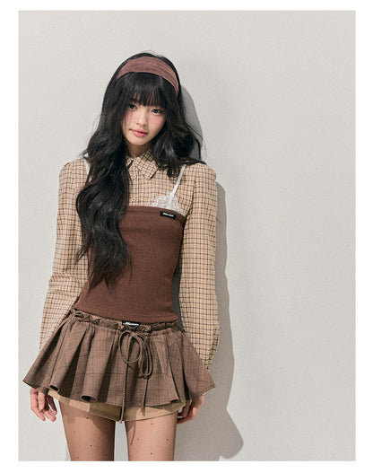 少也眼 "Falling Leaves Trace" Faux Layered Lace Plaid Knit Top