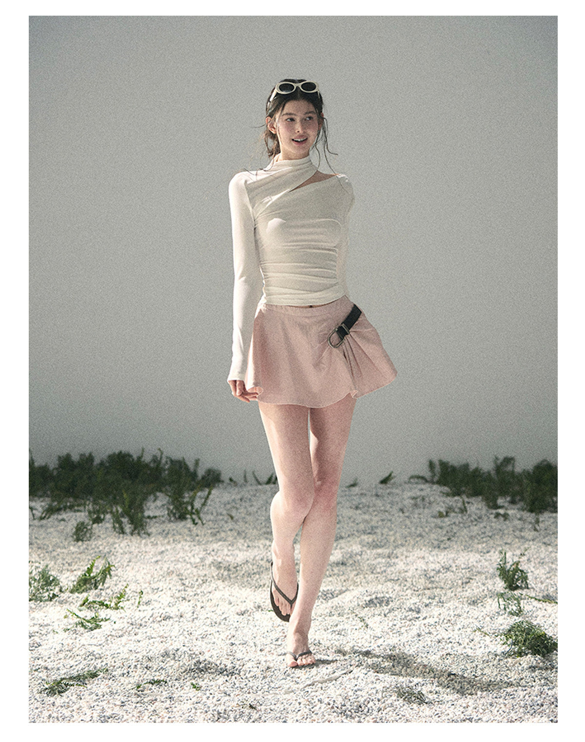 “Tidal Breath” Pearl White Draped Cutout Top