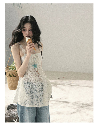 "Morning Mist" Frost White Lace Sheer Cami Top 65123