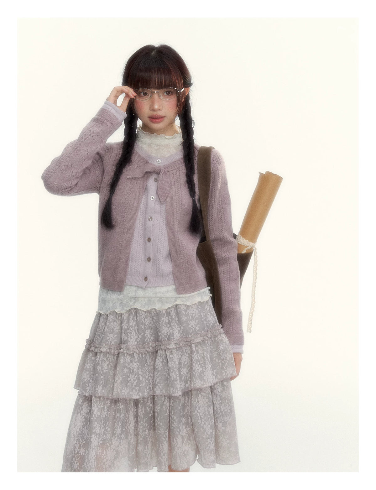 Korean Contrast Bow-Tie Layered Knit Cardigan (Blue / Purple)