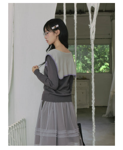"Sage Whisper" Ethereal Layered Collection (Sailor Knit Sweater / Pleated Midi Skirt / Mesh Overlay Skirt)