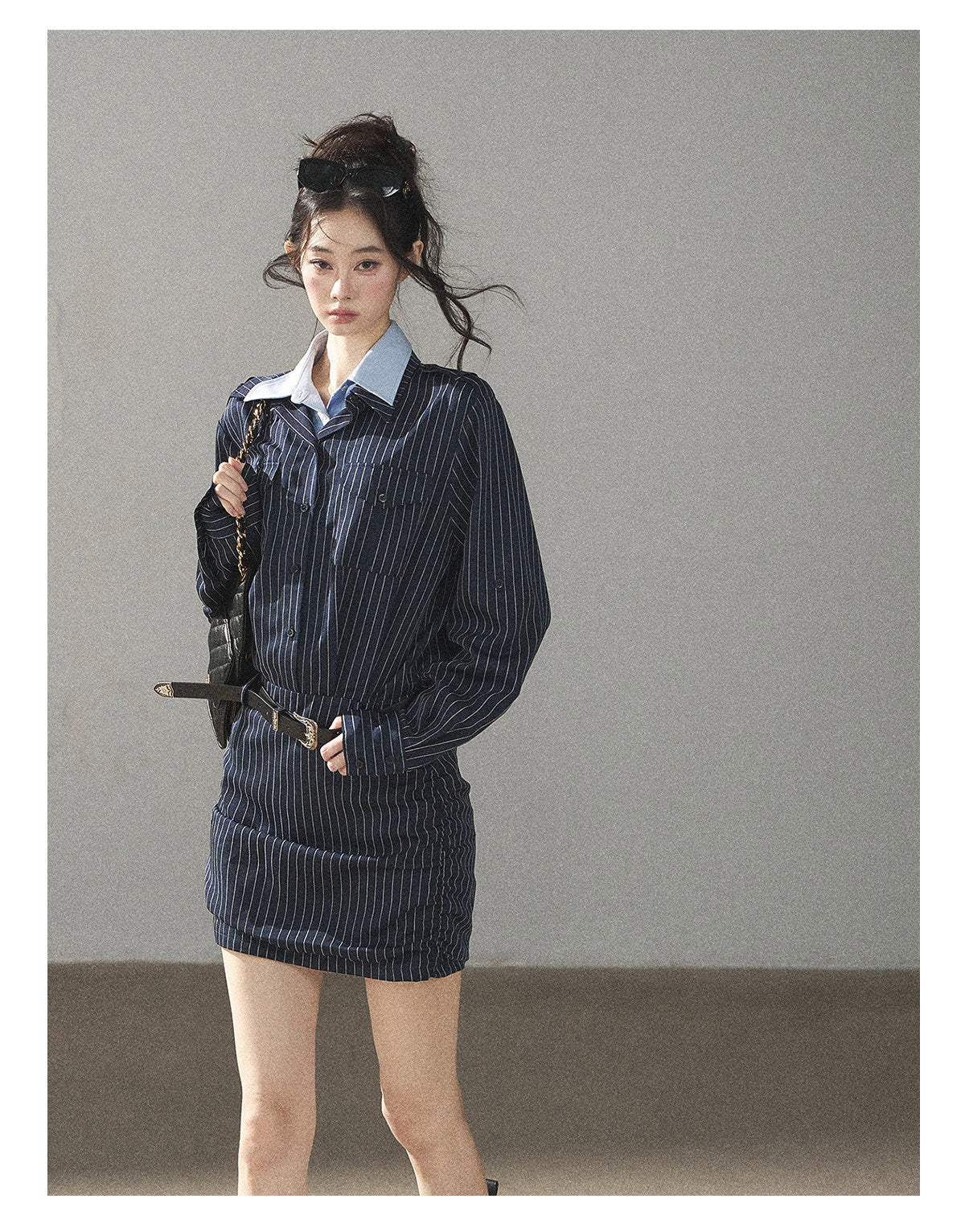 170726 "The Island and the Whale" Deep Slate Gray Layered Stripe Shirt Dress with Belt