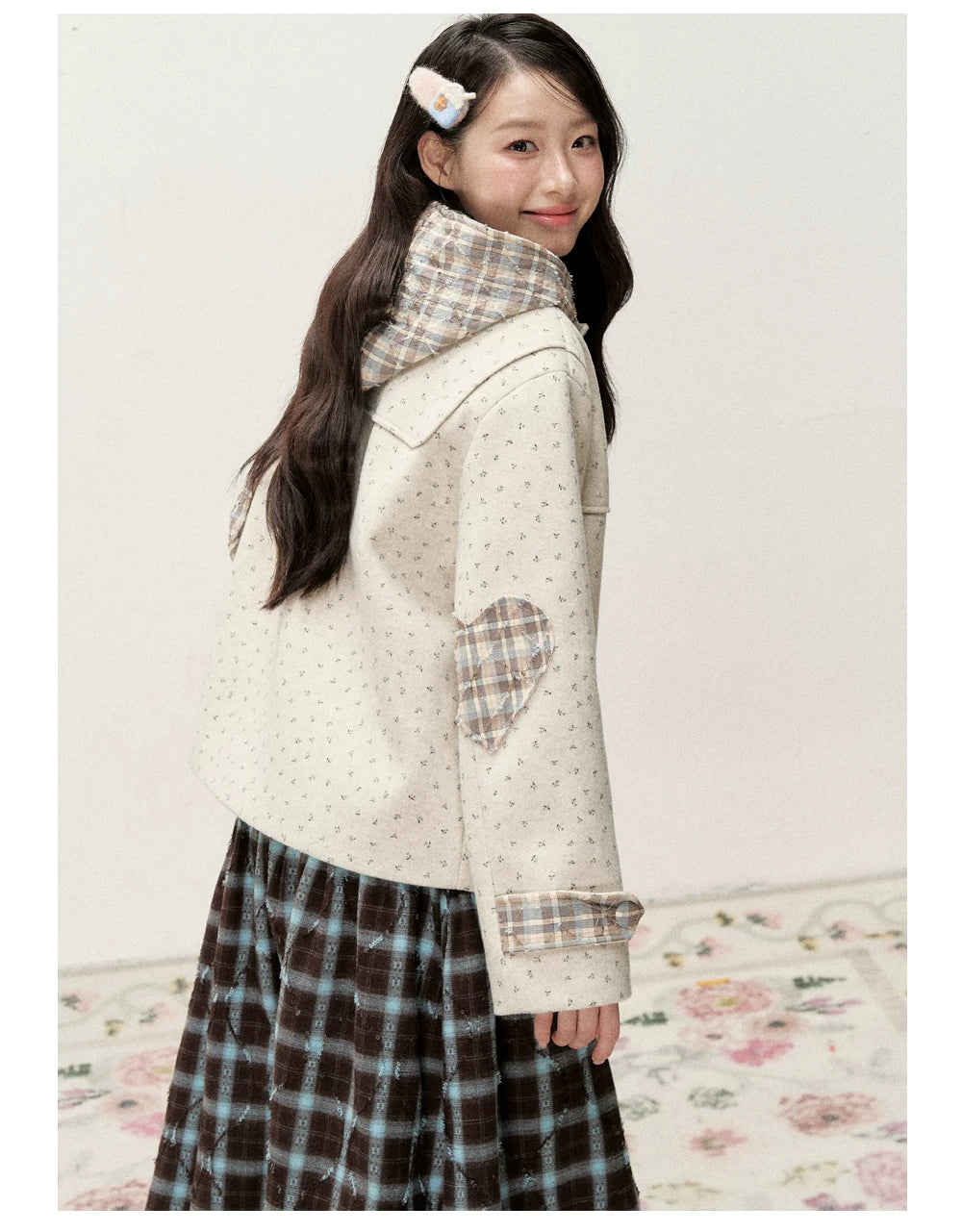 [RF] Floral Heather Beige Apricot Plaid-Trim Hooded Duffle Coat
