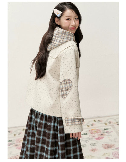 [RF] Floral Heather Beige Apricot Plaid-Trim Hooded Duffle Coat