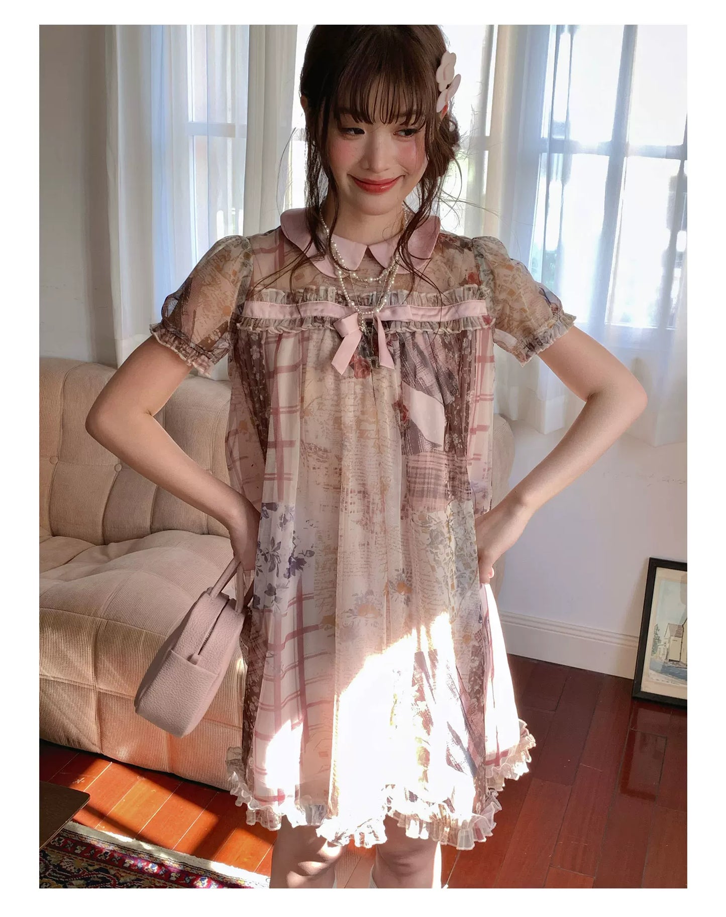 [RF] “Vintage Storybook” Light Brown Tea Patchwork Print Mini Dress