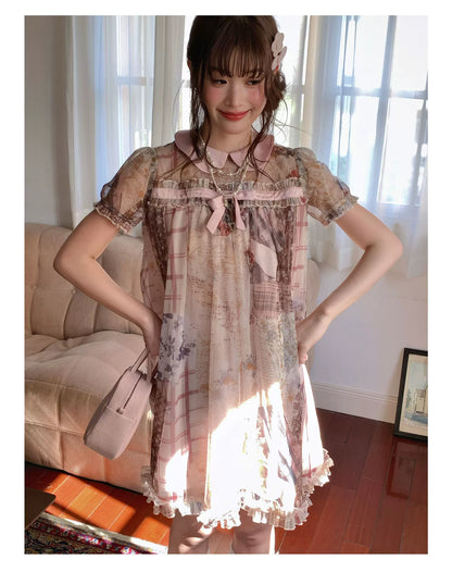 [RF] “Vintage Storybook” Light Brown Tea Patchwork Print Mini Dress
