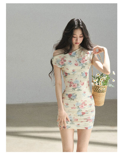 "Flowers & Sunlight" Dutch Cream Off-Shoulder Mesh Bodycon Mini Dress
