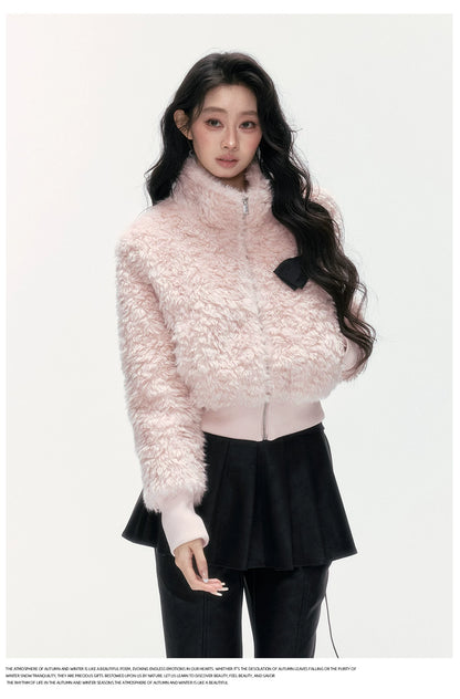24olvides - Pink Faux Shearling Stand Collar Jacket