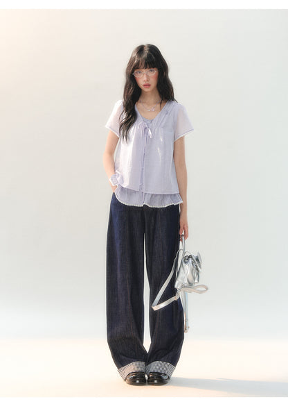 [CAN] "Lilac Cotton Bloom" Lavender Lace Trim Lightweight Cardigan