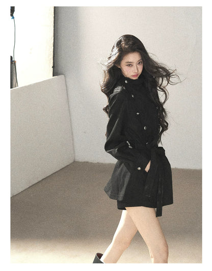 AOMALM - Black Faux-Suede Cropped A-Line Trench Coat with Belt