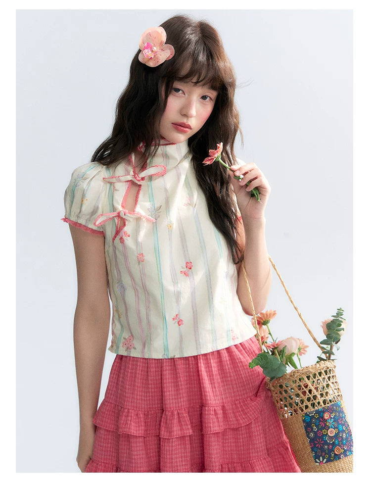 "Peach Blossom" Beige Floral Print Mandarin Collar Blouse