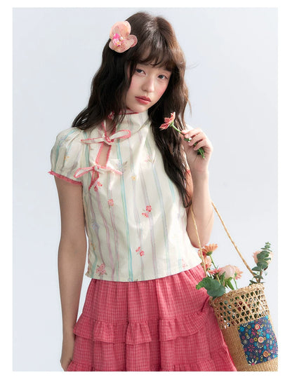 "Peach Blossom" Beige Floral Print Mandarin Collar Blouse