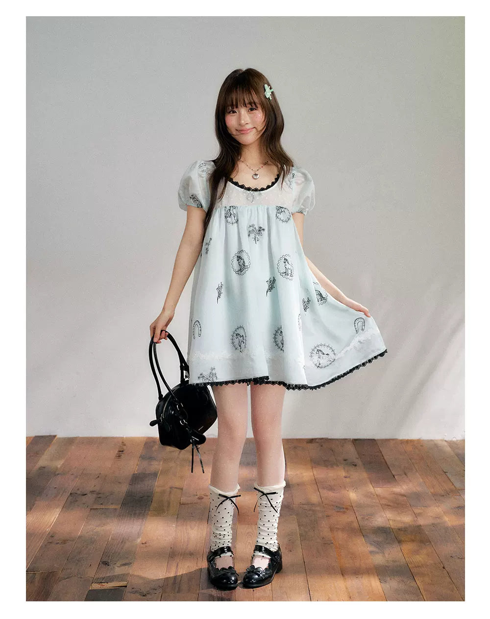 “Brown Sugar Fairytale” Blue Embroidered Puff Sleeve Dress