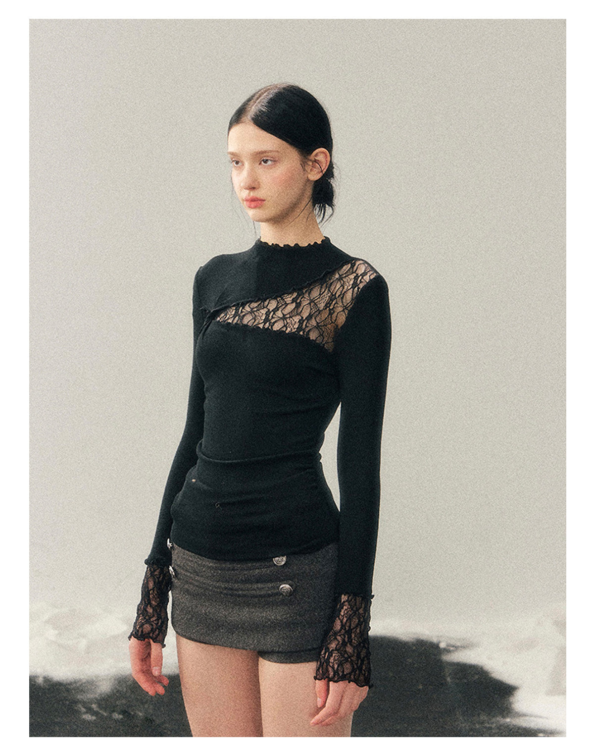 少也眼 “Interplay of Illusion” Semi-High Neck Lace Cutout Top - Black