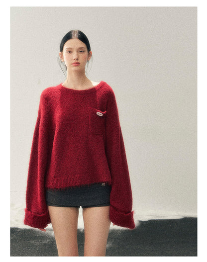 少也眼 “Winter Snow Holds Gentle Warmth” Angora-Blend French Red Knit Sweater