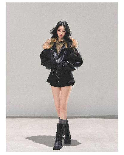 少也眼 "Whispers of a Snowy Night" Quilted PU Leather Jacket 54634864