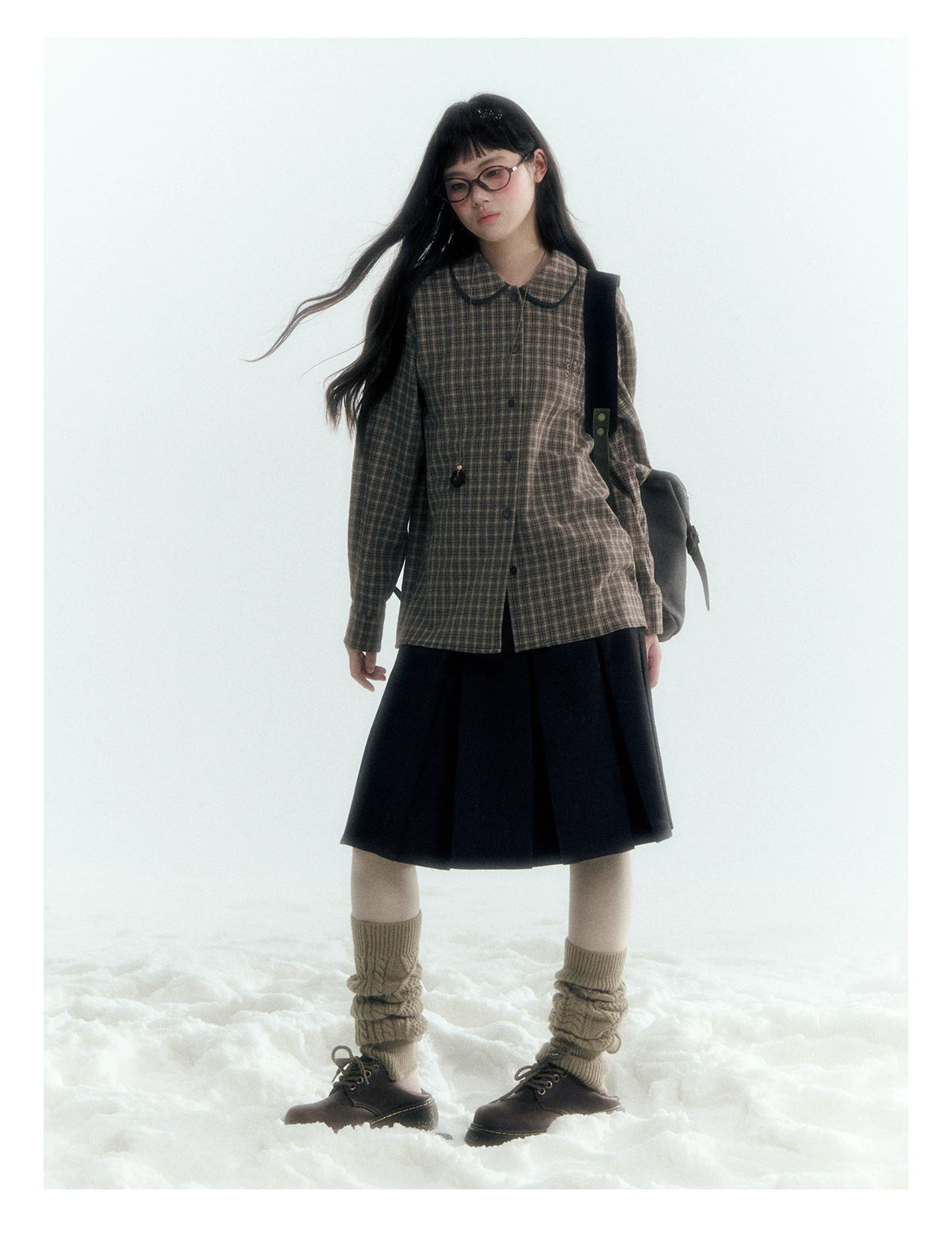 Horridale - Brown Khaki Plaid Embroidered Peter Pan Collar Shirt