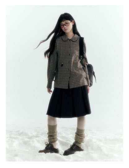 Horridale - Brown Khaki Plaid Embroidered Peter Pan Collar Shirt
