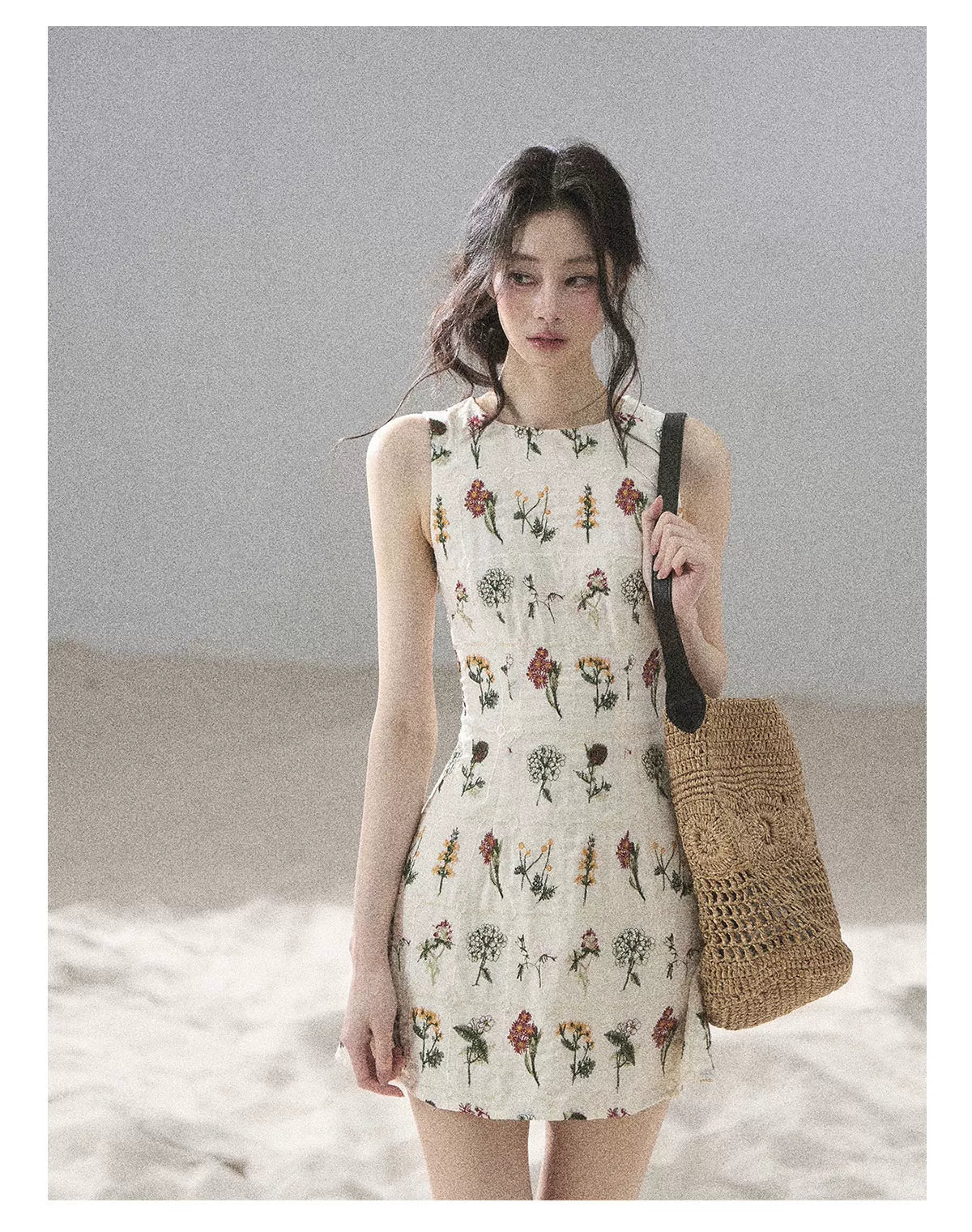 "Wildflower Daydream" Dutch Cream Embroidered Mini Dress - Sleeveless 45684