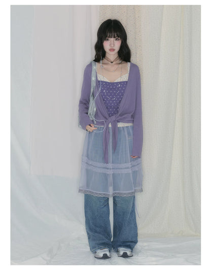 "Lavender Daydream" Layered Collection (Cami Top / Tie Cardigan / Pleated Midi Skirt / Mesh Overlay Skirt / Vintage Jeans)