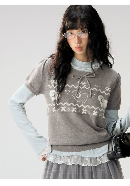 [CAN] "Little Lamb Adventure" Gray Jacquard Bow-Detail Short Sleeve Knit Top