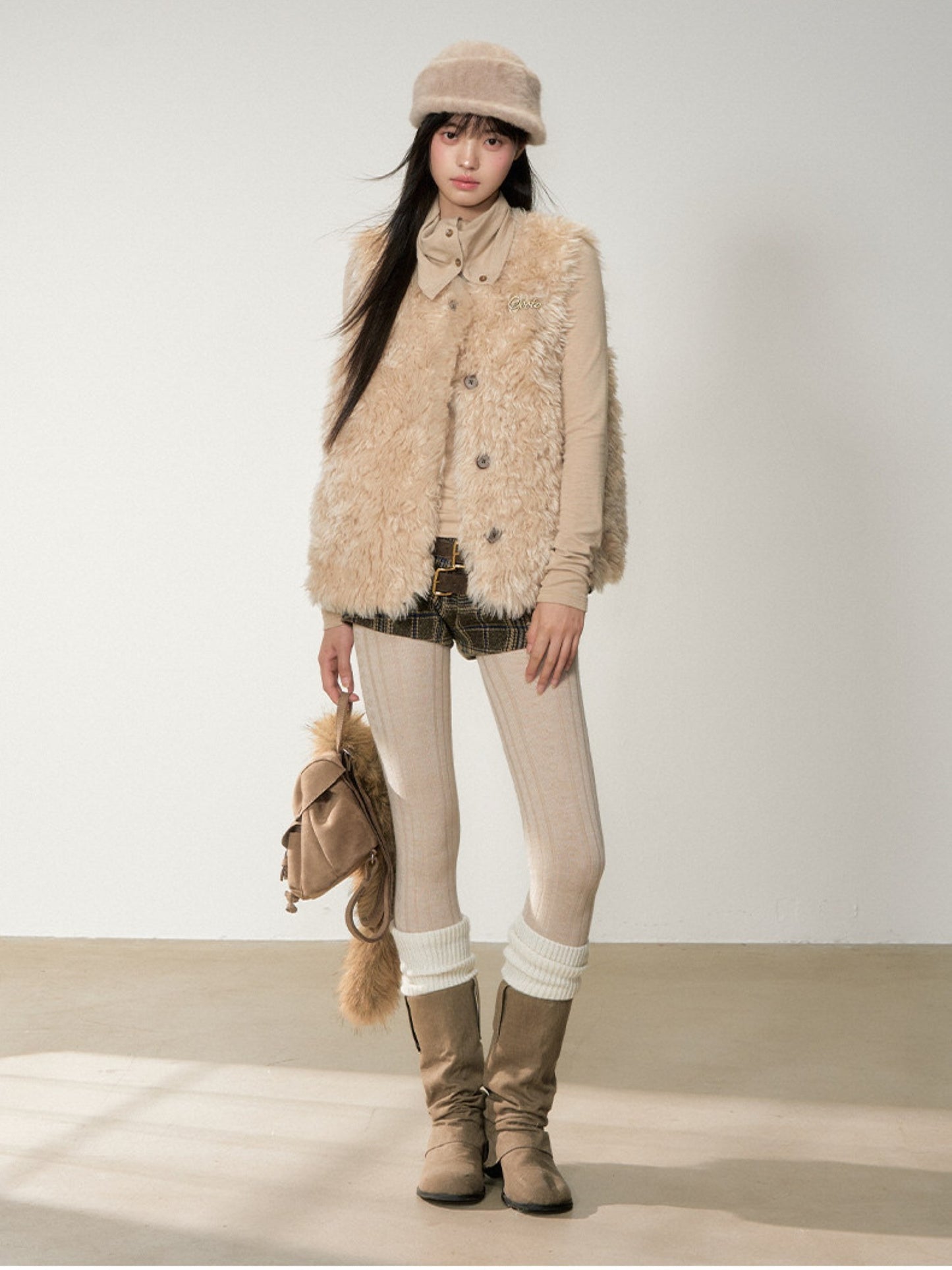 Soote Season - Korean Amber Brown Curly Faux-Fur Vest