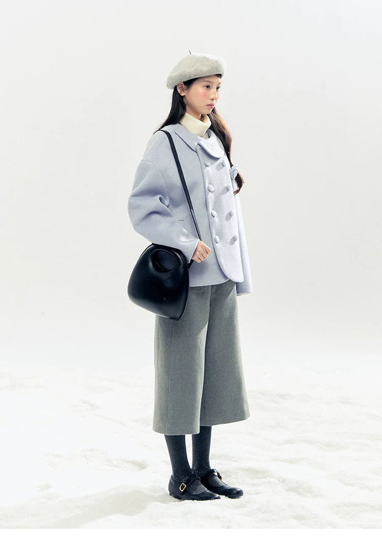"Rose Manifesto" Frosted Blue Double-Breasted Quilted Wool-Blend Peacoat