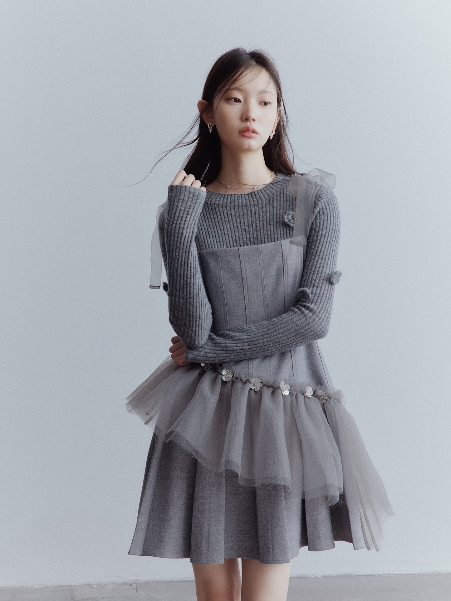 FUSSED Moonlight Elf Beaded Tulle Dress – Storm Gray FOF-25AW204