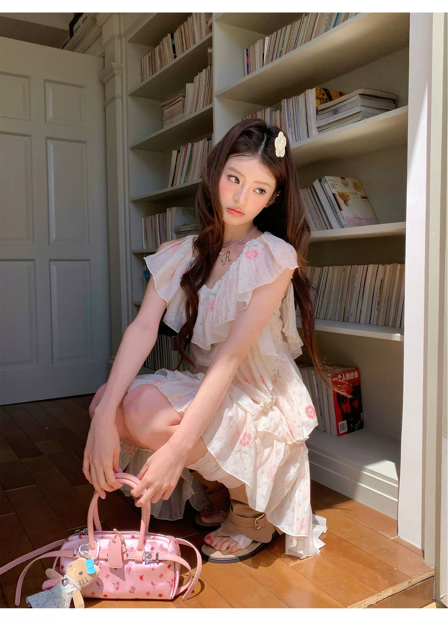 “Cloud Ruffle Reverie” Cream Apricot Floral Ruffle Dress