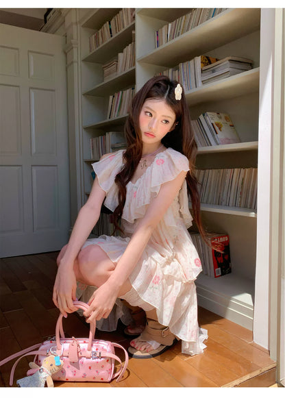 “Cloud Ruffle Reverie” Cream Apricot Floral Ruffle Dress