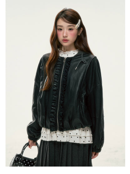 BIBIBENCY - Black Ruffle-Trim Faux Leather Jacket