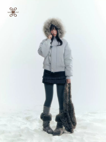 Horridale - Mist Blue Hooded Down Jacket with Detachable Faux Fur Collar